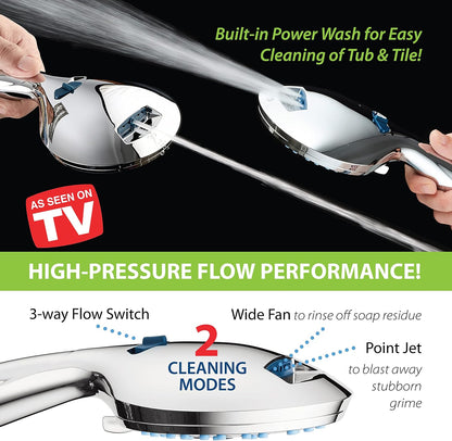 AquaCare 8-mode High Pressure Handheld Shower Head with 2-mode Power Wash | Stay Clean Nozzles, Dual Power Wash for Tub, Tile & Pets, Long 6 ft. Stainless Steel Hose, Wall & Overhead Brackets / Chrome