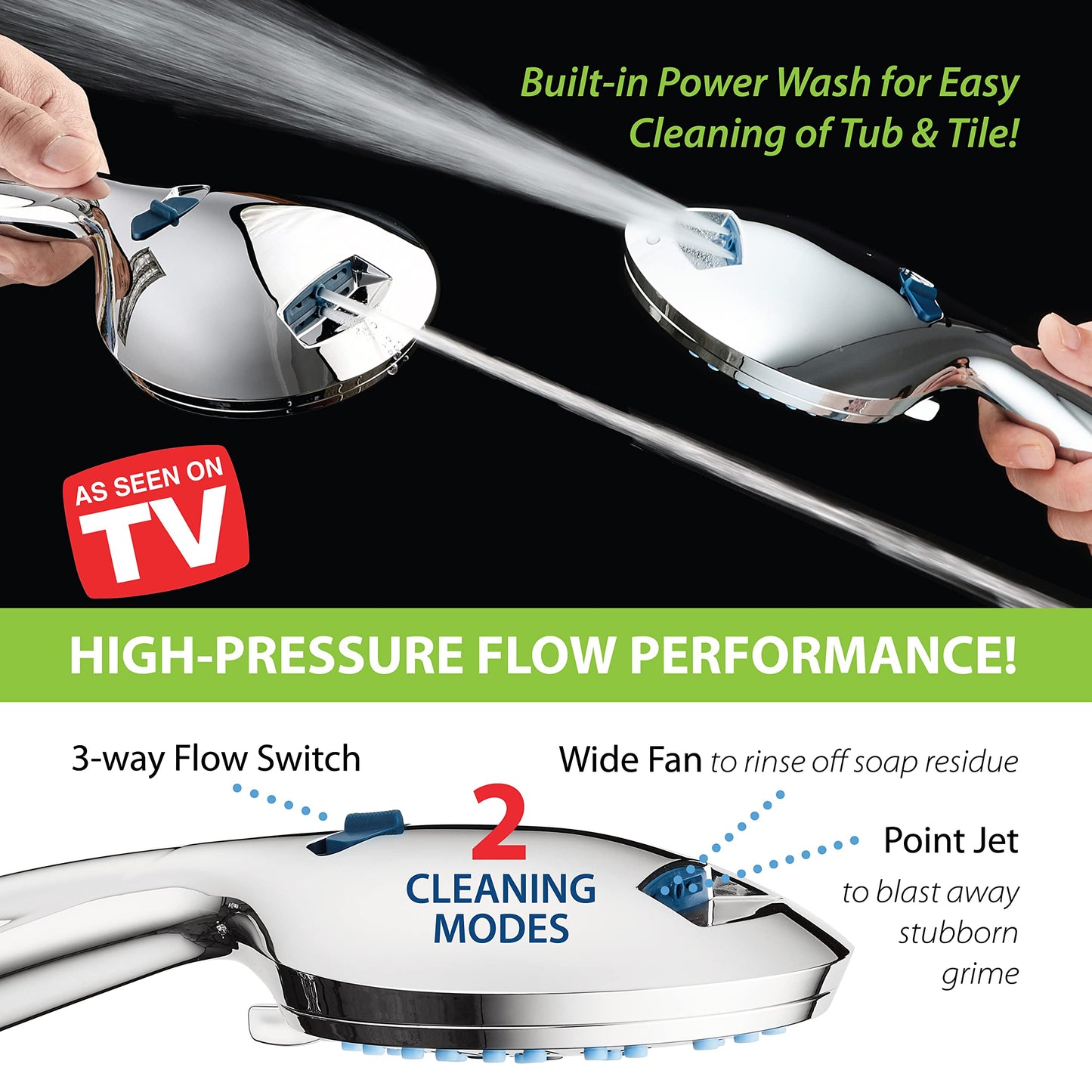 AquaCare 8-mode High Pressure Handheld Shower Head with 2-mode Power Wash | Stay Clean Nozzles, Dual Power Wash for Tub, Tile & Pets, Long 6 ft. Stainless Steel Hose, Wall & Overhead Brackets / Chrome