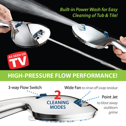 AquaCare 8-mode High Pressure Handheld Shower Head with 2-mode Power Wash | Stay Clean Nozzles, Dual Power Wash for Tub, Tile & Pets, Long 6 ft. Stainless Steel Hose, Wall & Overhead Brackets / Chrome