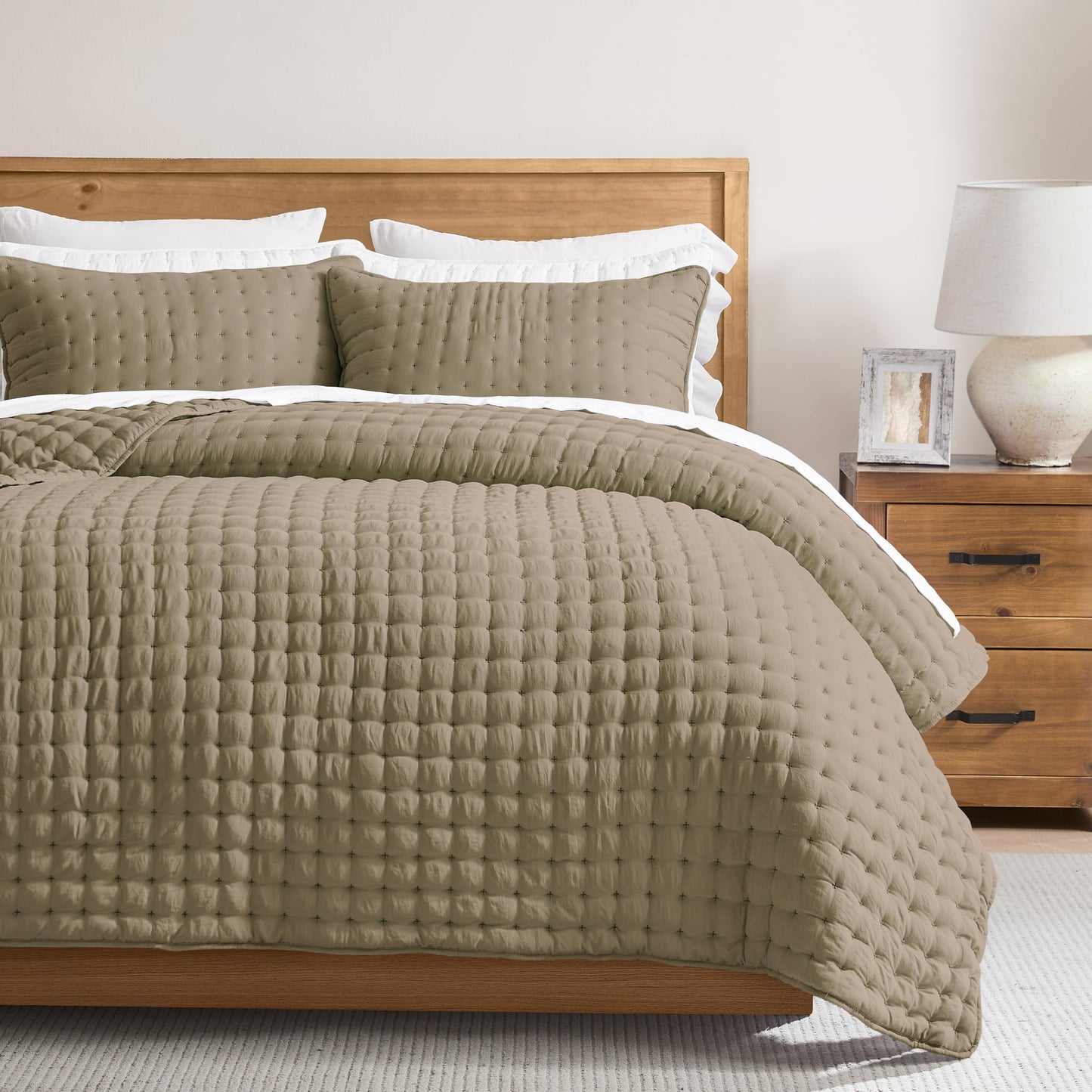 WDCOZY Beige King Size Quilt Bedding Sets with Pillow Shams, Tan Cream Lightweight Bedspread Coverlet, Quilted Blanket Thin Comforter Bed Cover, All Season Summer Spring, 3 Pieces, 104x90 inches