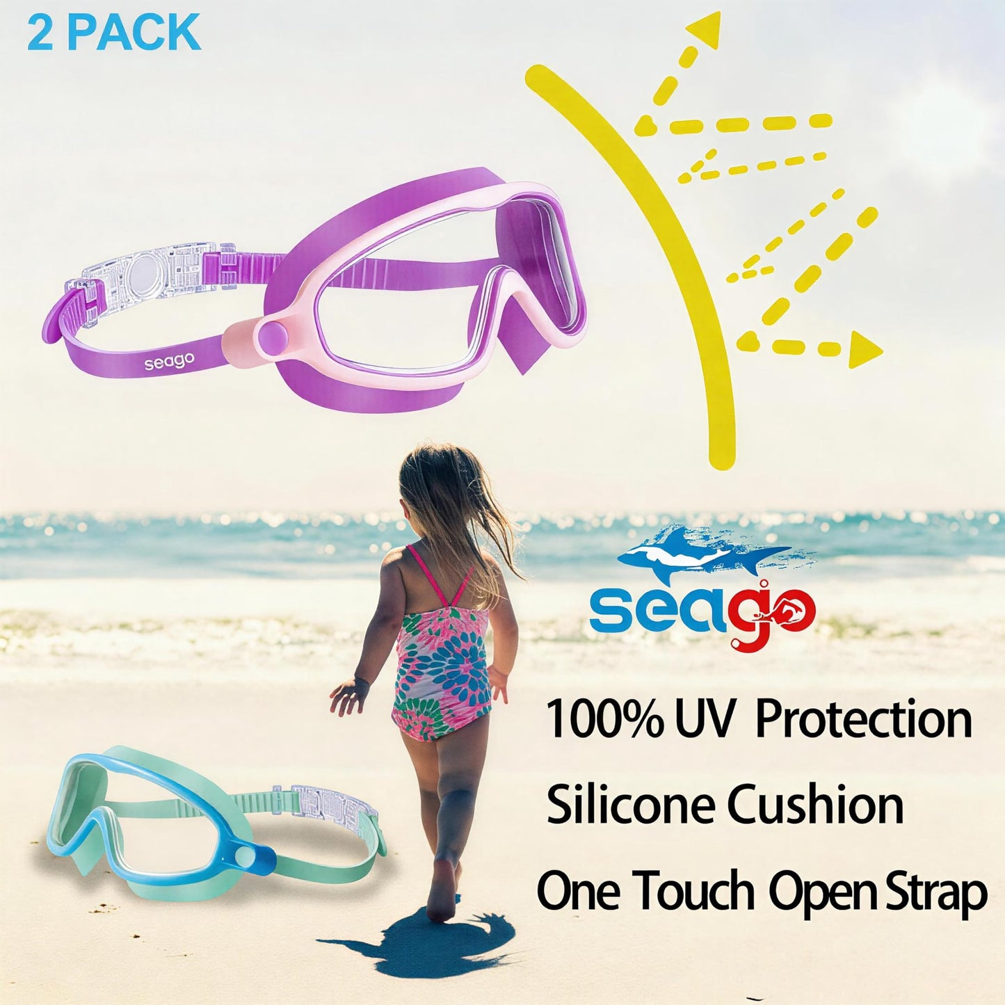 Seago Swim Goggles 2 Pack Anti-Fog Anti-UV Wide View Swimming Goggles for Kids 3-14