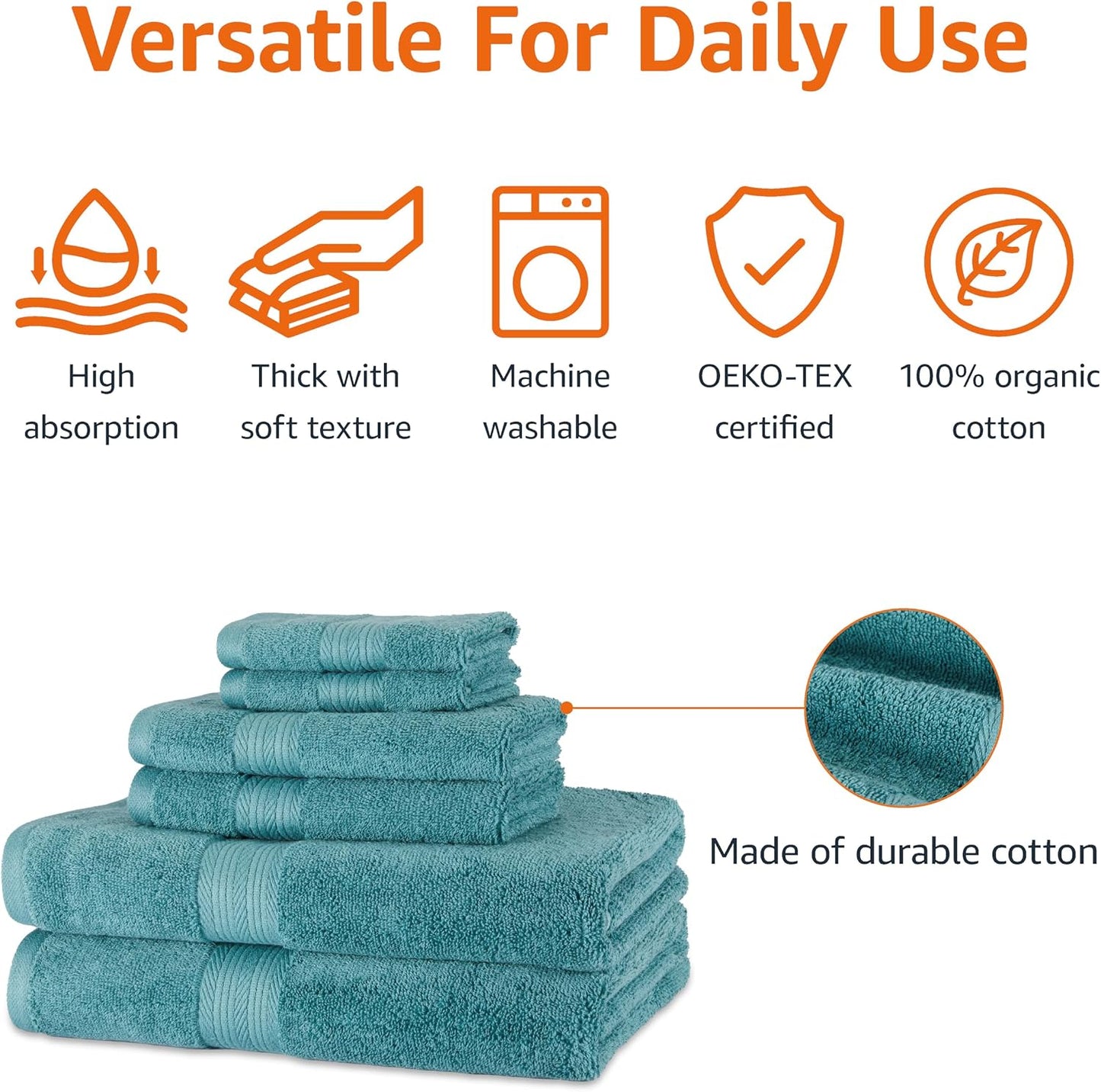 Amazon Basics 6-Piece Oversized Fade-Resistant Towel Set, 100% Cotton, Highly Absorbent, Soft, Teal, 2 Bath Towels, 2 Hand Towels, 2 Washcloths