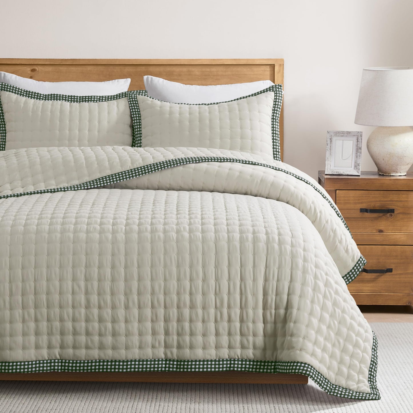 WDCOZY Beige King Size Quilt Bedding Sets with Pillow Shams, Tan Cream Lightweight Bedspread Coverlet, Quilted Blanket Thin Comforter Bed Cover, All Season Summer Spring, 3 Pieces, 104x90 inches