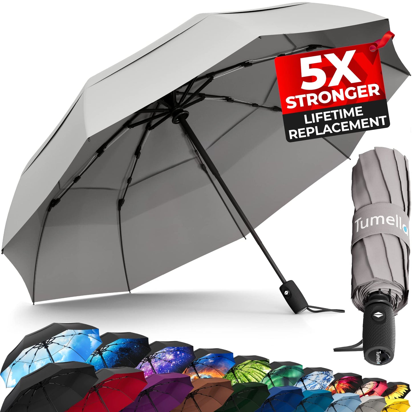 Strongest Windproof Travel Umbrella (Compact, 100MPH Wind-Tested), Light, Portable, One-Handed Use, Automatic Folding Rain Umbrella, Durable, Premium Grip, Fits Car & Backpack