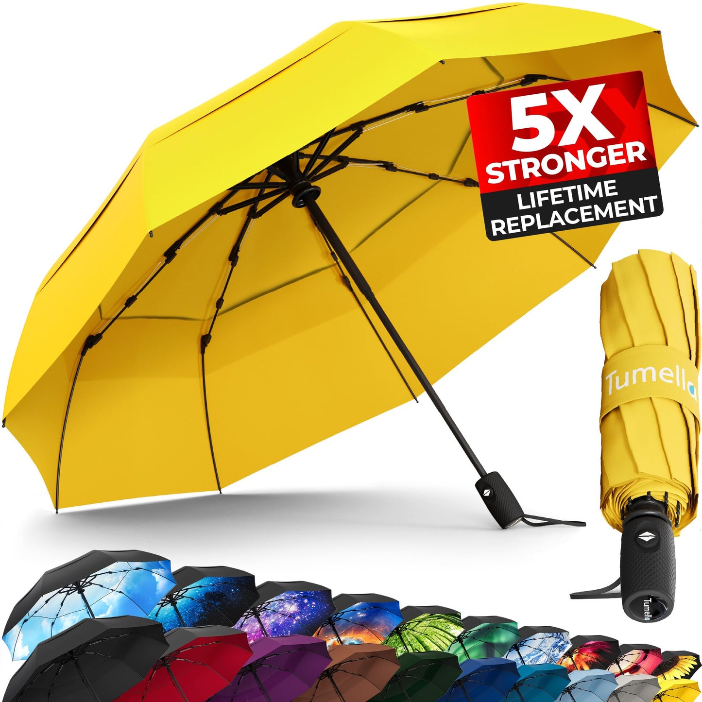Strongest Windproof Travel Umbrella (Compact, 100MPH Wind-Tested), Light, Portable, One-Handed Use, Automatic Folding Rain Umbrella, Durable, Premium Grip, Fits Car & Backpack