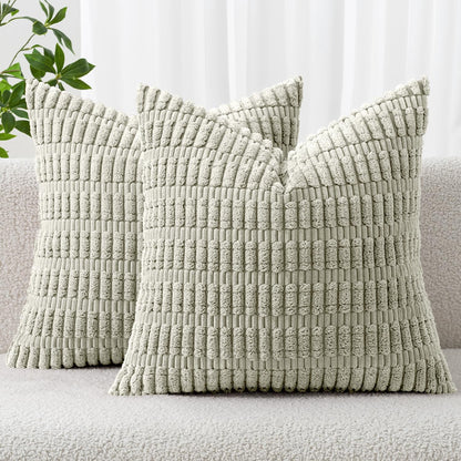 MIULEE Corduroy Decorative Throw Pillow Covers 18x18 Aqua Green Pack of 2 | Soft Boho Striped Pillow Covers Modern Farmhouse Home Decor For Sofa Living Room Couch Bed