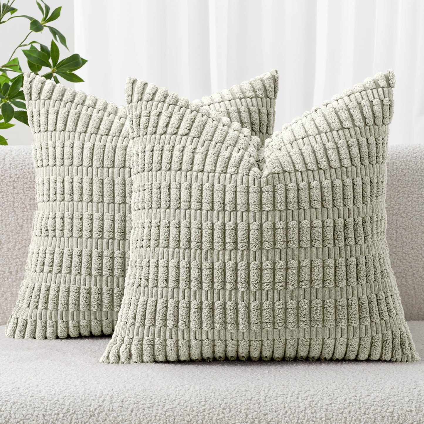 MIULEE Corduroy Decorative Throw Pillow Covers 18x18 Aqua Green Pack of 2 | Soft Boho Striped Pillow Covers Modern Farmhouse Home Decor For Sofa Living Room Couch Bed