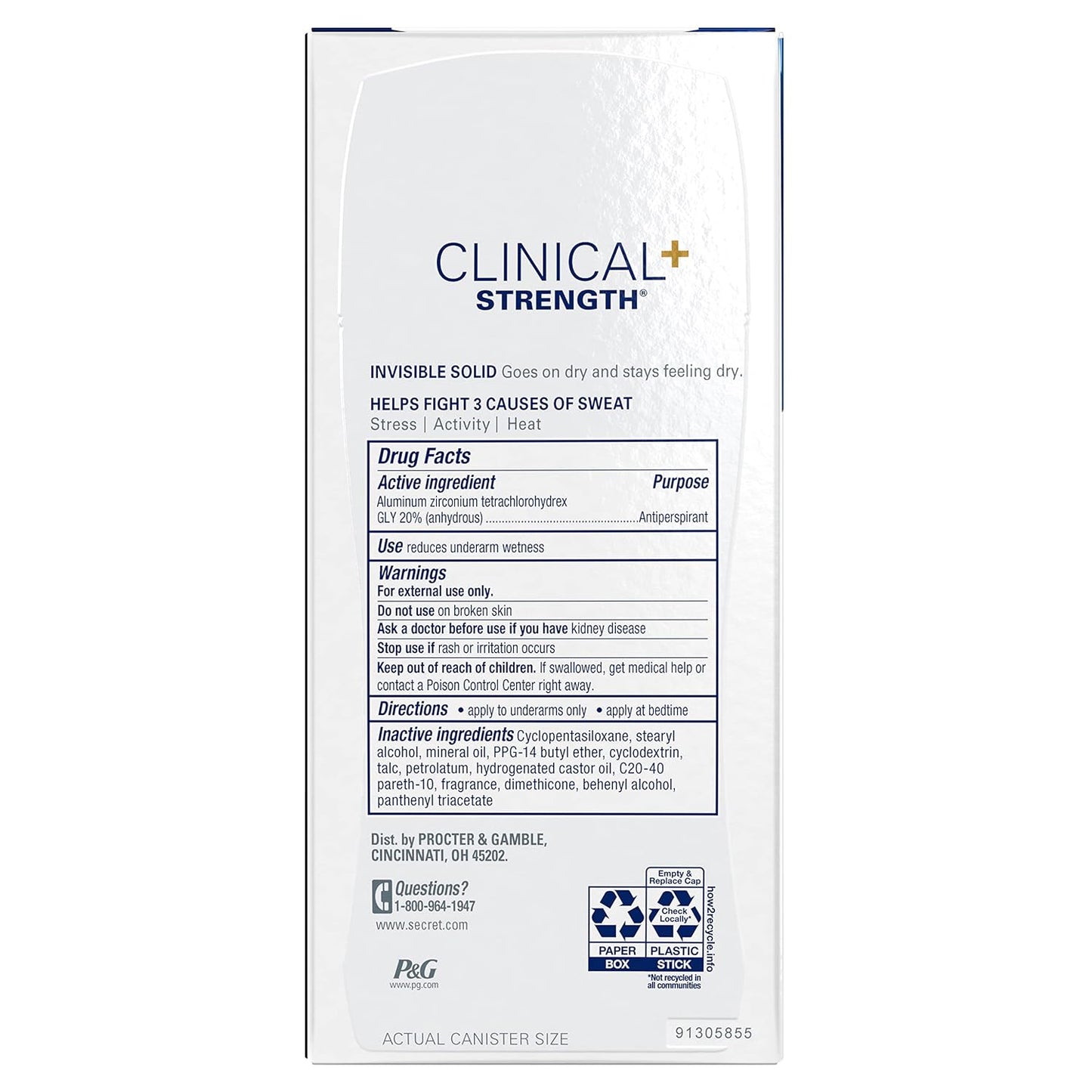 Secret Clinical Strength Invisible Solid Antiperspirant Deodorant for Women, 100HR Sweat & Odor Protection, 3X Stress Protection with Hyaluronic Acid, PH Balanced, Completely Clean Scent, 2.6 oz