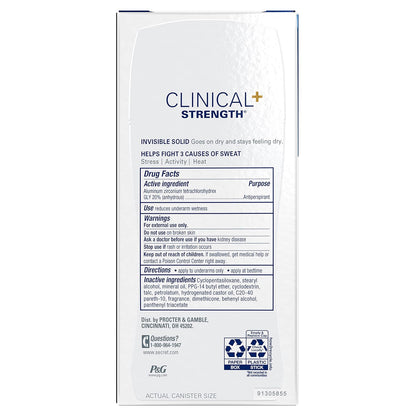 Secret Clinical Strength Invisible Solid Antiperspirant Deodorant for Women, 100HR Sweat & Odor Protection, 3X Stress Protection with Hyaluronic Acid, PH Balanced, Completely Clean Scent, 2.6 oz