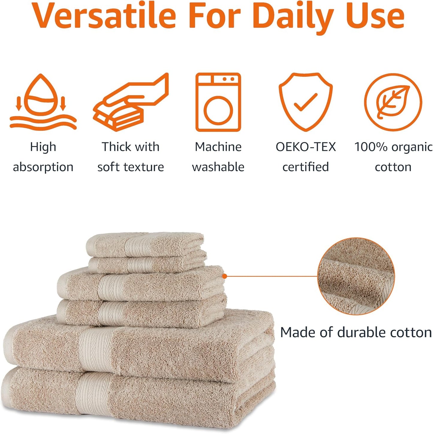 Amazon Basics 6-Piece Oversized Fade-Resistant Towel Set, 100% Cotton, Highly Absorbent, Soft, Teal, 2 Bath Towels, 2 Hand Towels, 2 Washcloths