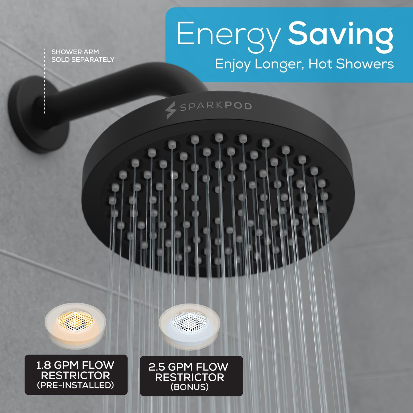 SparkPod Rain Shower Head, 6 Inch Round, Luxury Polished Chrome Finish | High Pressure Shower Heads, 90 Nozzles, Adjustable Showerhead, No Tools Needed, Universal Connection