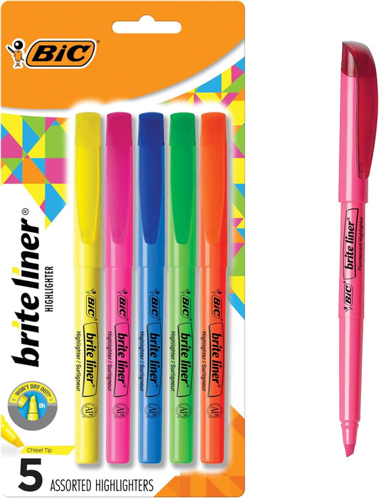 BIC Brite Liner Highlighters, Chisel Tip, 5-Count Pack, Assorted Colors