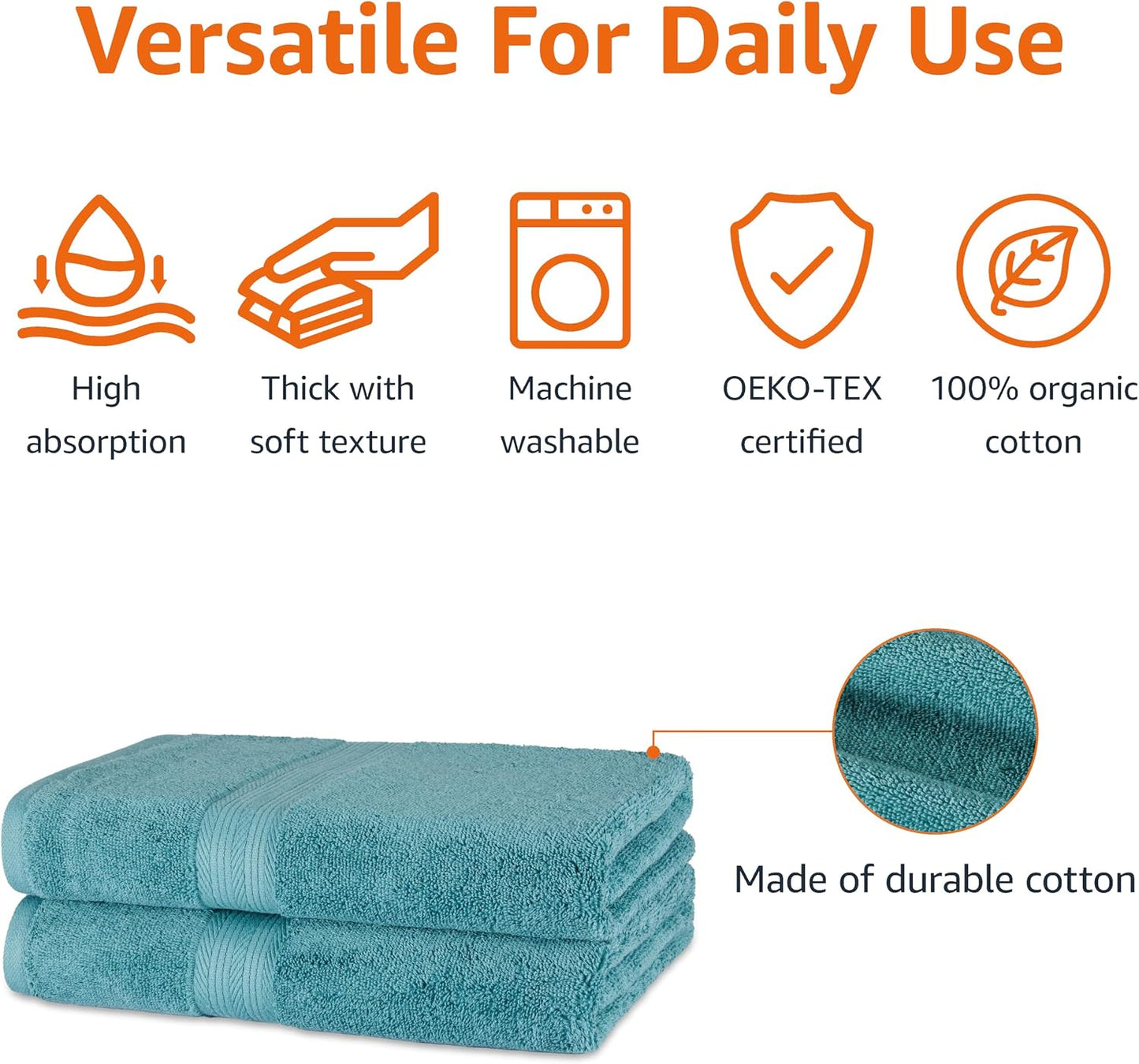 Amazon Basics 6-Piece Oversized Fade-Resistant Towel Set, 100% Cotton, Highly Absorbent, Soft, Teal, 2 Bath Towels, 2 Hand Towels, 2 Washcloths