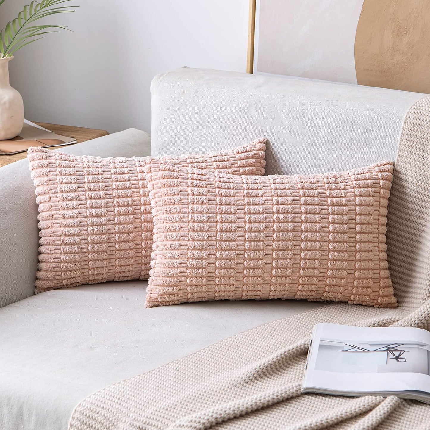 MIULEE Corduroy Decorative Throw Pillow Covers 18x18 Aqua Green Pack of 2 | Soft Boho Striped Pillow Covers Modern Farmhouse Home Decor For Sofa Living Room Couch Bed