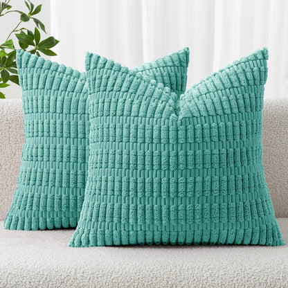 MIULEE Corduroy Decorative Throw Pillow Covers 18x18 Aqua Green Pack of 2 | Soft Boho Striped Pillow Covers Modern Farmhouse Home Decor For Sofa Living Room Couch Bed