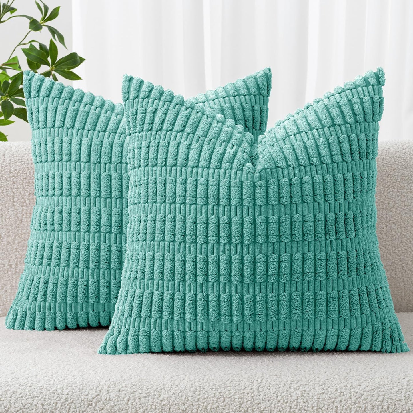 MIULEE Corduroy Decorative Throw Pillow Covers 18x18 Aqua Green Pack of 2 | Soft Boho Striped Pillow Covers Modern Farmhouse Home Decor For Sofa Living Room Couch Bed