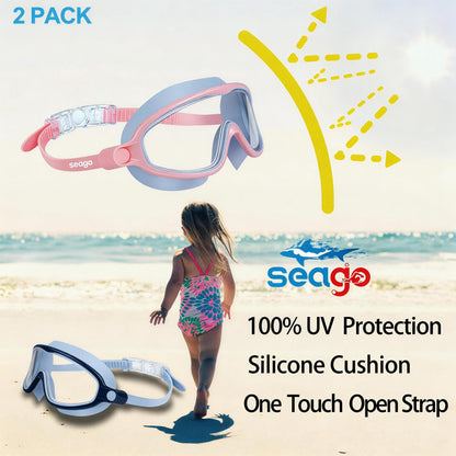 Seago Swim Goggles 2 Pack Anti-Fog Anti-UV Wide View Swimming Goggles for Kids 3-14