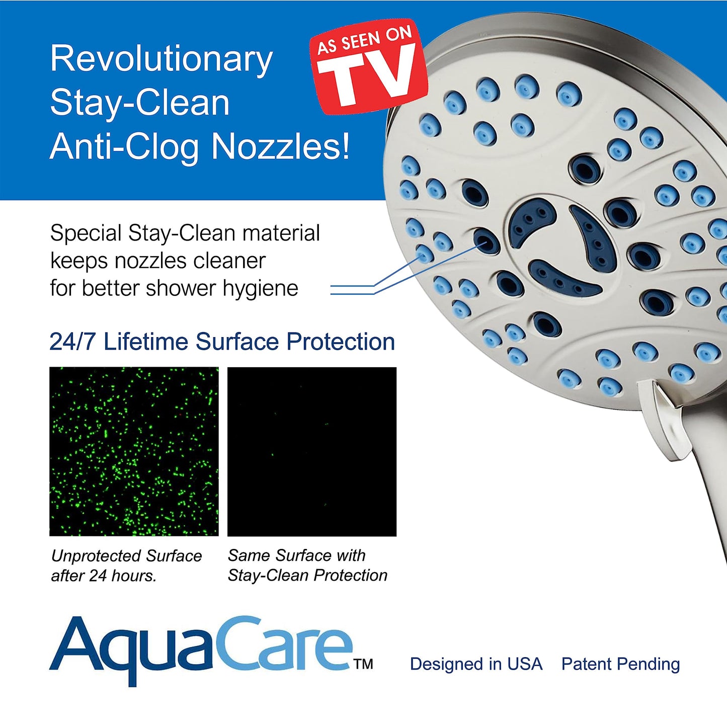 AquaCare 8-mode High Pressure Handheld Shower Head with 2-mode Power Wash | Stay Clean Nozzles, Dual Power Wash for Tub, Tile & Pets, Long 6 ft. Stainless Steel Hose, Wall & Overhead Brackets / Chrome