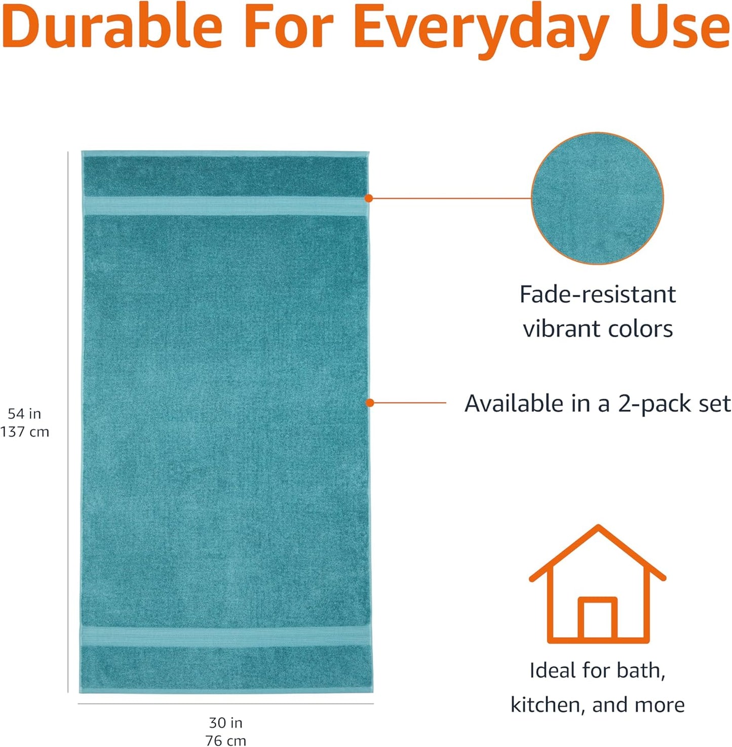 Amazon Basics 6-Piece Oversized Fade-Resistant Towel Set, 100% Cotton, Highly Absorbent, Soft, Teal, 2 Bath Towels, 2 Hand Towels, 2 Washcloths