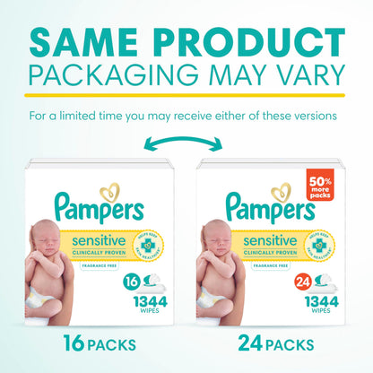 Pampers Sensitive Baby Wipes, Clinically Proven, Fragrance Free, Unscented, Water Based, Hypoallergenic, Multi-Use, Hand Wipes 1008 Wipes Total (18X Flip-Top Packs) [Packaging May Vary]