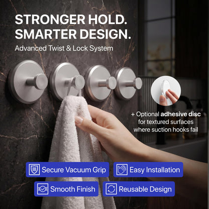 HOME SO Suction Cup Hooks for Shower & Bathroom Towel Holder 2-Pack Black | Waterproof Rustproof Organizer Hook Hanging Loofah Robe Coat Bath Accessories on Tile Glass Door Mirror + Optional 3M Disc