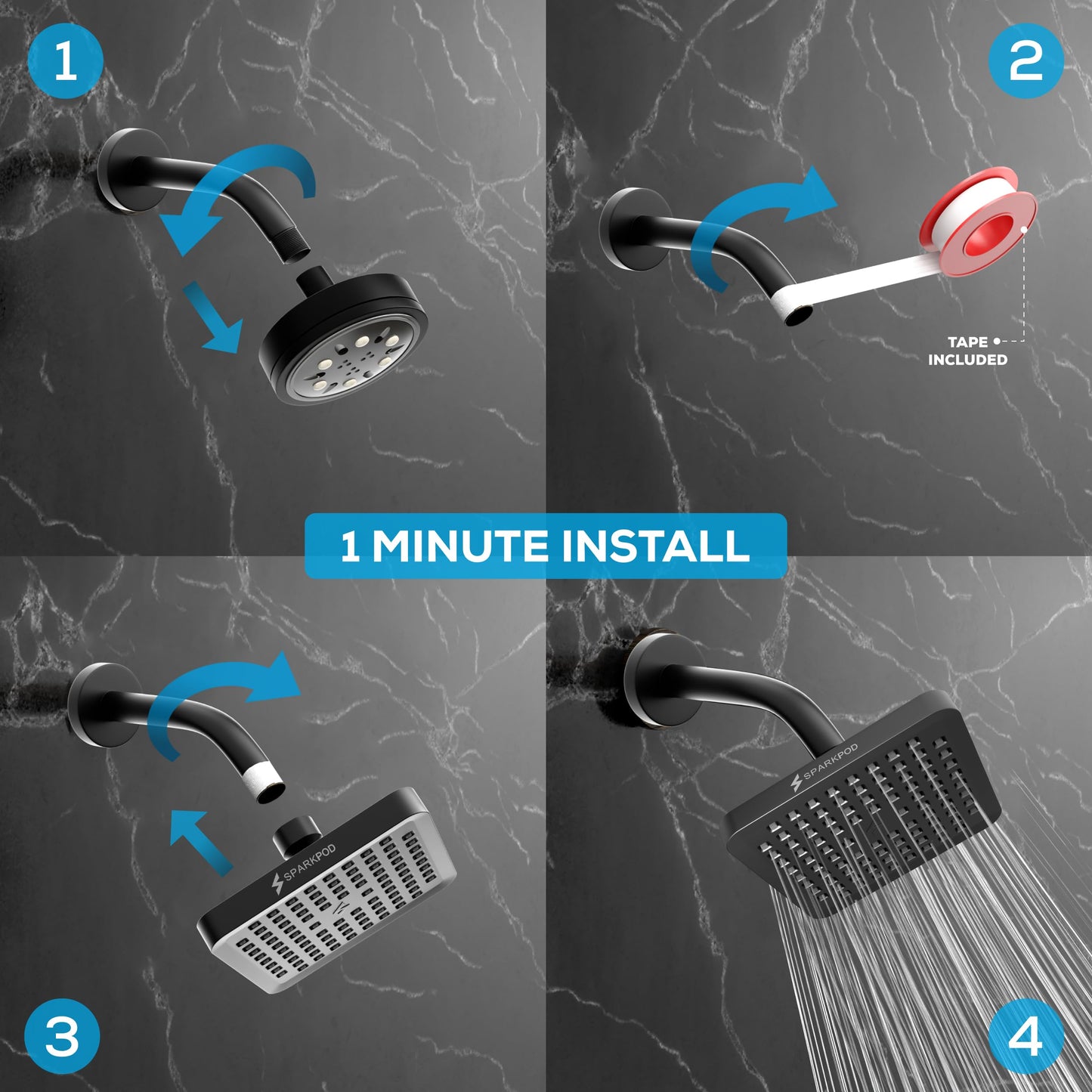 SparkPod Rain Shower Head, 6 Inch Round, Luxury Polished Chrome Finish | High Pressure Shower Heads, 90 Nozzles, Adjustable Showerhead, No Tools Needed, Universal Connection