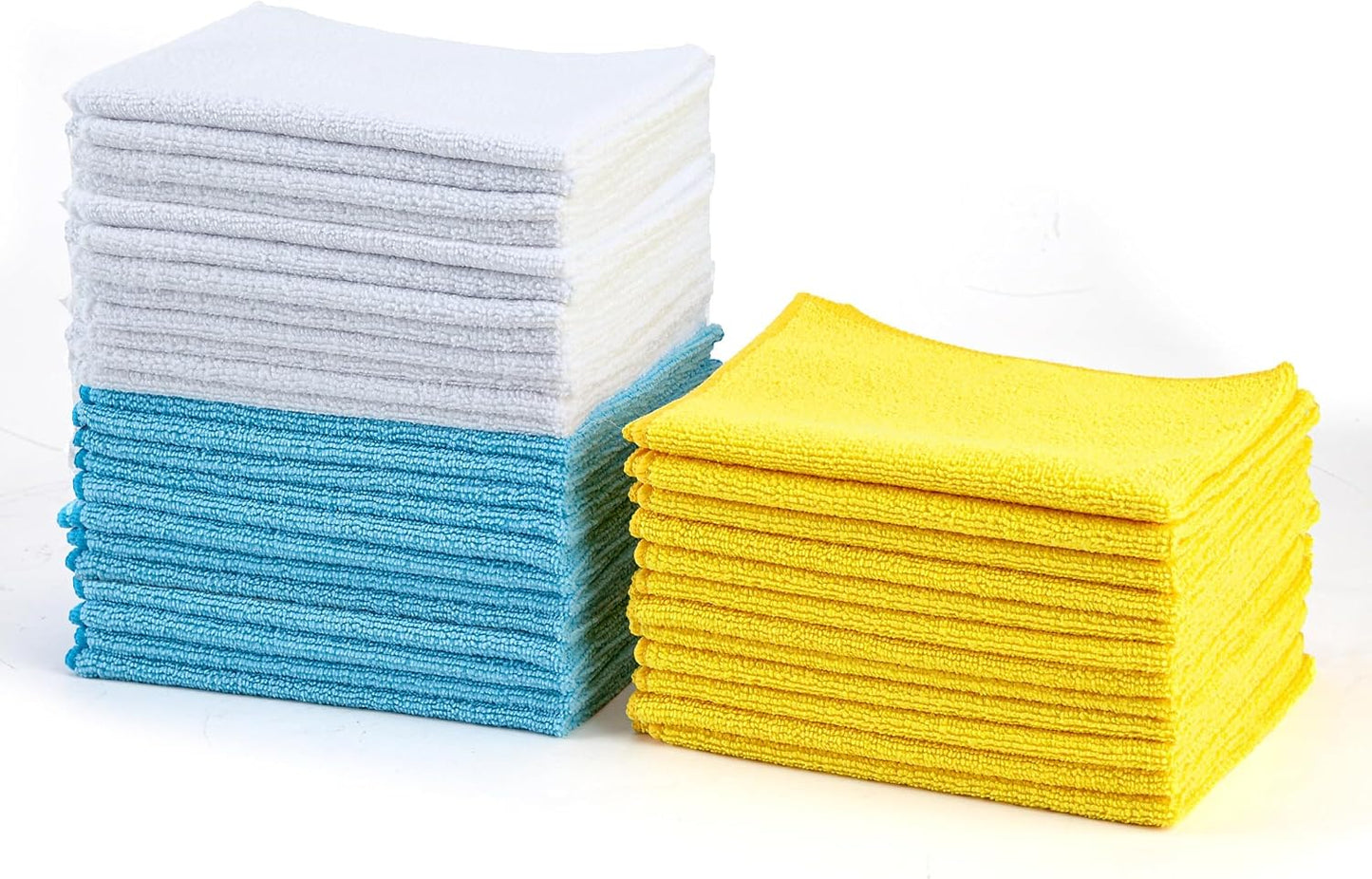 Amazon Basics Microfiber Cleaning Cloths, Ultra Absorbent, Lint Free, Streak Free, Non-Abrasive, Reusable and Washable, 16" x 12", Blue/White/Yellow, Pack of 24