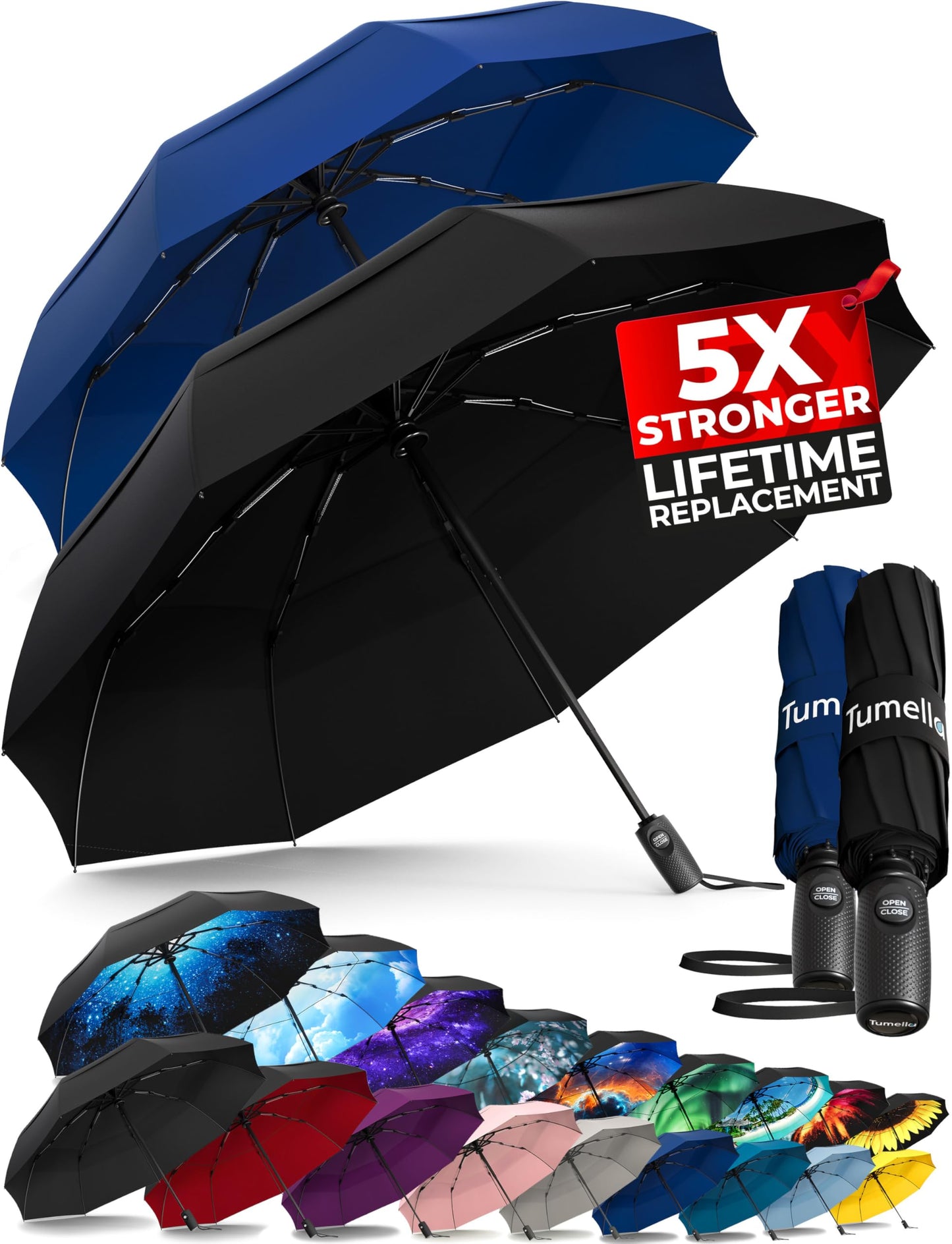 Strongest Windproof Travel Umbrella (Compact, 100MPH Wind-Tested), Light, Portable, One-Handed Use, Automatic Folding Rain Umbrella, Durable, Premium Grip, Fits Car & Backpack