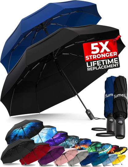 Strongest Windproof Travel Umbrella (Compact, 100MPH Wind-Tested), Light, Portable, One-Handed Use, Automatic Folding Rain Umbrella, Durable, Premium Grip, Fits Car & Backpack