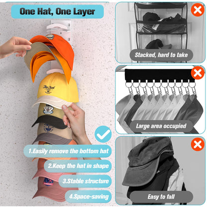 Hat Organizer for Baseball Caps 2Pack, Hat Rack for Wall with Strong Adhesive Hold up to 20 Hats, Hat Hanger Holder Display for Door Closet, Cap Organizer Storage Multilayer Two Mounting Option(Black)