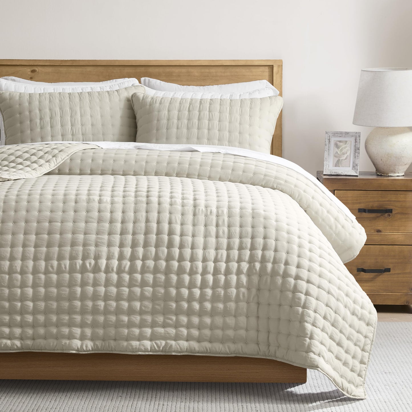 WDCOZY Beige King Size Quilt Bedding Sets with Pillow Shams, Tan Cream Lightweight Bedspread Coverlet, Quilted Blanket Thin Comforter Bed Cover, All Season Summer Spring, 3 Pieces, 104x90 inches