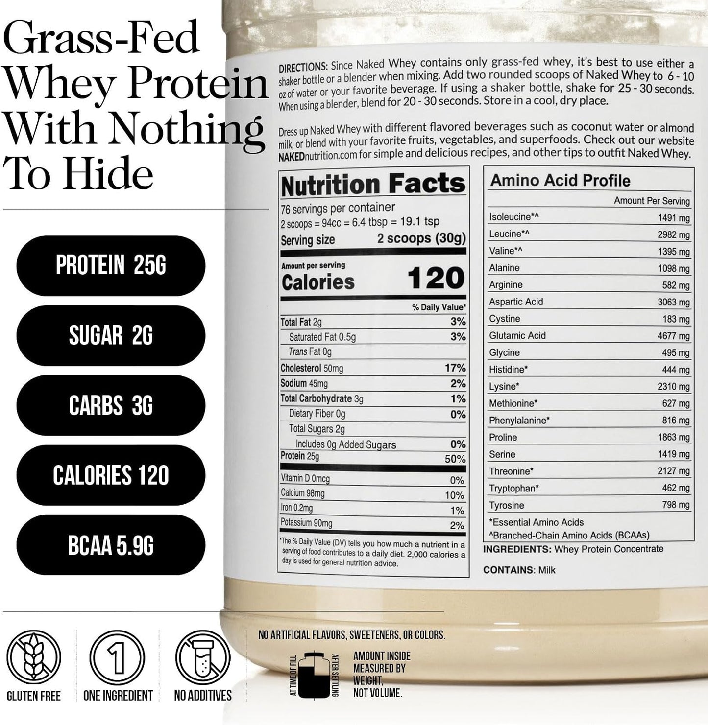 NAKED Whey 1Lb - Only 1 Ingredient, Grass Fed Whey Protein Powder, NSF Certified, Undenatured, No Gmos, No Soy, Gluten Free, Stimulate Growth, Enhance Recovery - 15 Servings
