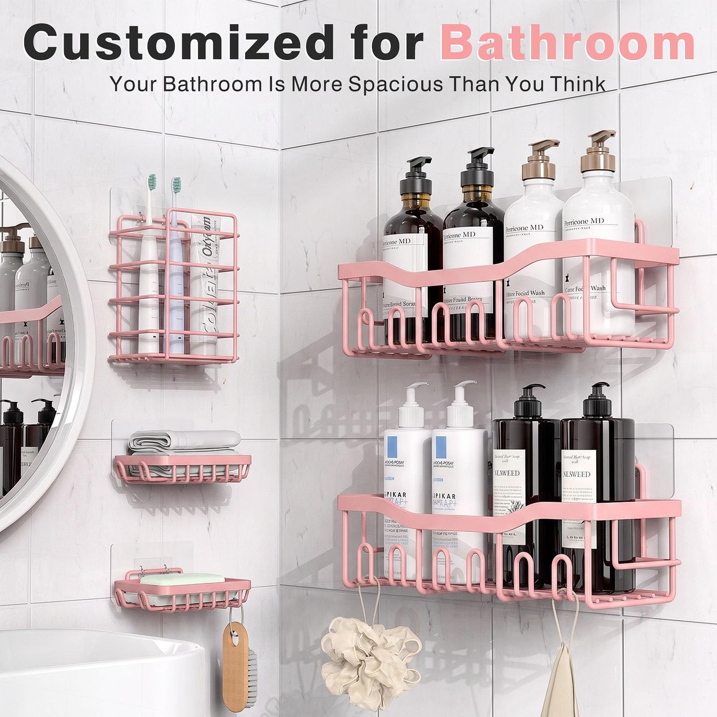 EUDELE Adhesive Shower Caddy, 5 Pack Rustproof Stainless Steel Bath Organizers With Large Capacity, No Drilling Shelves for Bathroom Storage & Home Decor