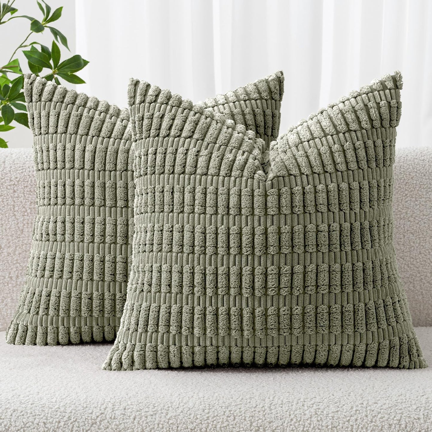MIULEE Corduroy Decorative Throw Pillow Covers 18x18 Aqua Green Pack of 2 | Soft Boho Striped Pillow Covers Modern Farmhouse Home Decor For Sofa Living Room Couch Bed