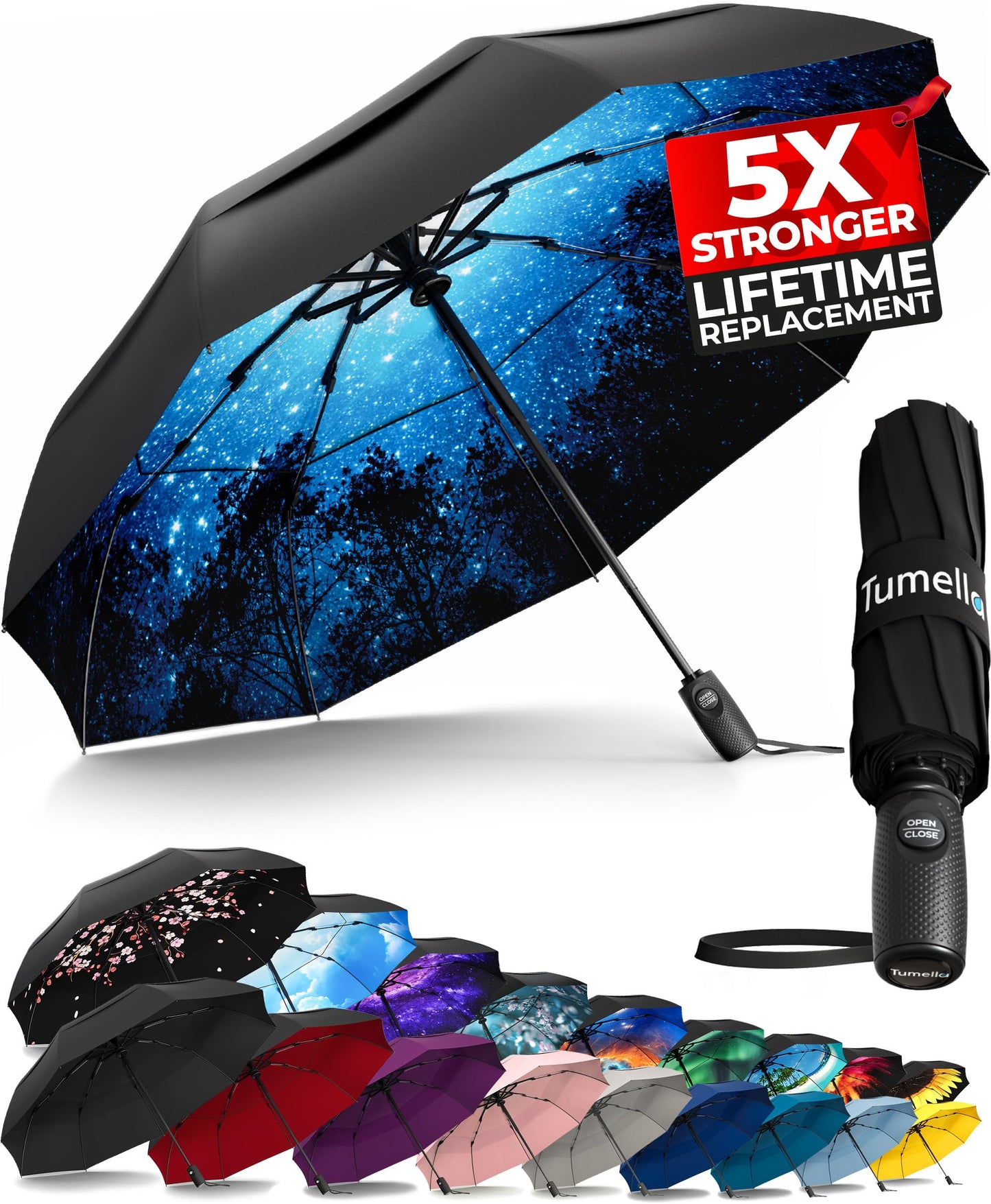 Strongest Windproof Travel Umbrella (Compact, 100MPH Wind-Tested), Light, Portable, One-Handed Use, Automatic Folding Rain Umbrella, Durable, Premium Grip, Fits Car & Backpack