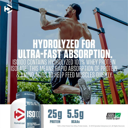 Dymatize ISO100 Protein Powder, 100% Whey Isolate, Cookies & Cream | 25g Protein, Hydrolyzed, Fast-Absorbing, Supports Muscle Health, 5.5g BCAAs, Gluten-Free, 20 Servings, 1.3 lb