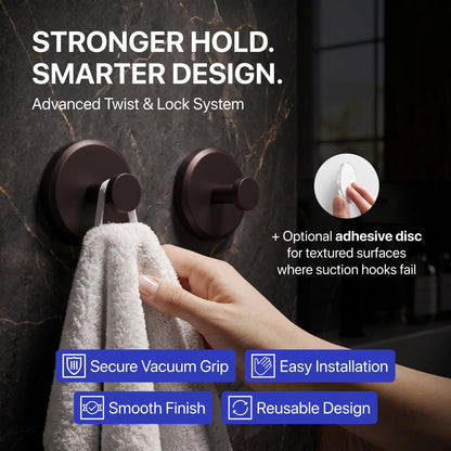 HOME SO Suction Cup Hooks for Shower & Bathroom Towel Holder 2-Pack Black | Waterproof Rustproof Organizer Hook Hanging Loofah Robe Coat Bath Accessories on Tile Glass Door Mirror + Optional 3M Disc