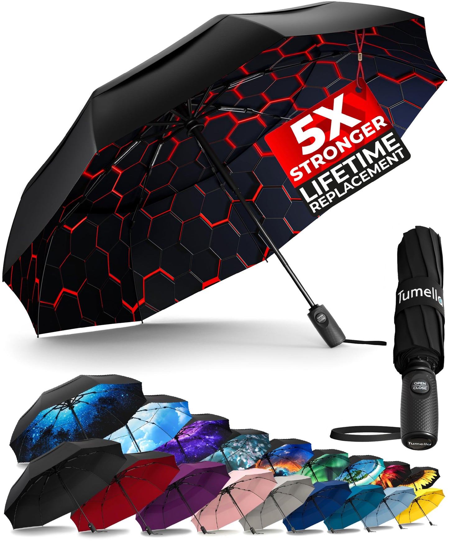 Strongest Windproof Travel Umbrella (Compact, 100MPH Wind-Tested), Light, Portable, One-Handed Use, Automatic Folding Rain Umbrella, Durable, Premium Grip, Fits Car & Backpack