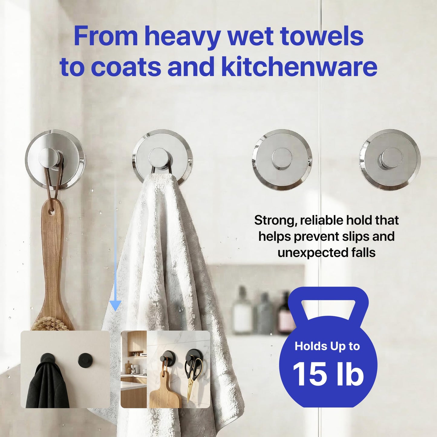 HOME SO Suction Cup Hooks for Shower & Bathroom Towel Holder 2-Pack Black | Waterproof Rustproof Organizer Hook Hanging Loofah Robe Coat Bath Accessories on Tile Glass Door Mirror + Optional 3M Disc
