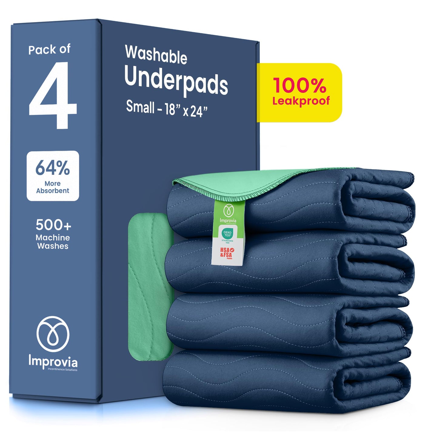 IMPROVIA® Washable Underpads, 34" x 36" (Pack of 4) - Heavy Absorbency Reusable Bedwetting Incontinence Pads for Kids, Adults, Elderly, and Pets - Waterproof Protective Pad for Bed, Couch, Sofa, Floor
