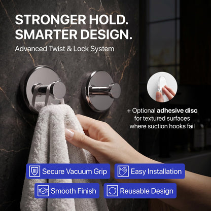 HOME SO Suction Cup Hooks for Shower & Bathroom Towel Holder 2-Pack Black | Waterproof Rustproof Organizer Hook Hanging Loofah Robe Coat Bath Accessories on Tile Glass Door Mirror + Optional 3M Disc
