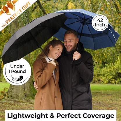 Strongest Windproof Travel Umbrella (Compact, 100MPH Wind-Tested), Light, Portable, One-Handed Use, Automatic Folding Rain Umbrella, Durable, Premium Grip, Fits Car & Backpack