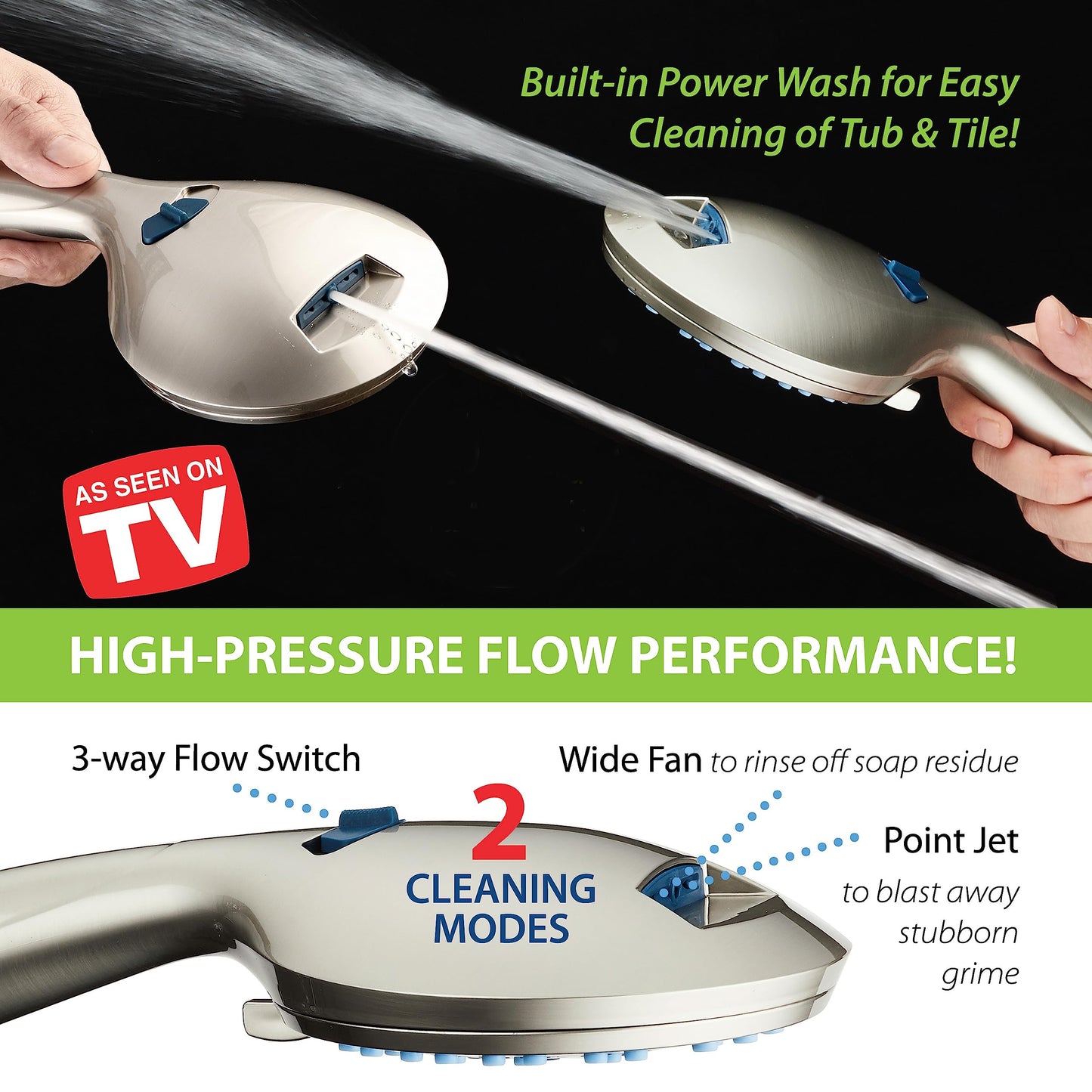 AquaCare 8-mode High Pressure Handheld Shower Head with 2-mode Power Wash | Stay Clean Nozzles, Dual Power Wash for Tub, Tile & Pets, Long 6 ft. Stainless Steel Hose, Wall & Overhead Brackets / Chrome