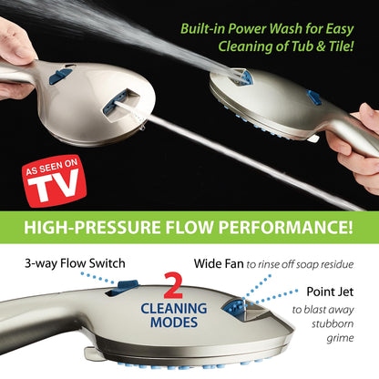AquaCare 8-mode High Pressure Handheld Shower Head with 2-mode Power Wash | Stay Clean Nozzles, Dual Power Wash for Tub, Tile & Pets, Long 6 ft. Stainless Steel Hose, Wall & Overhead Brackets / Chrome