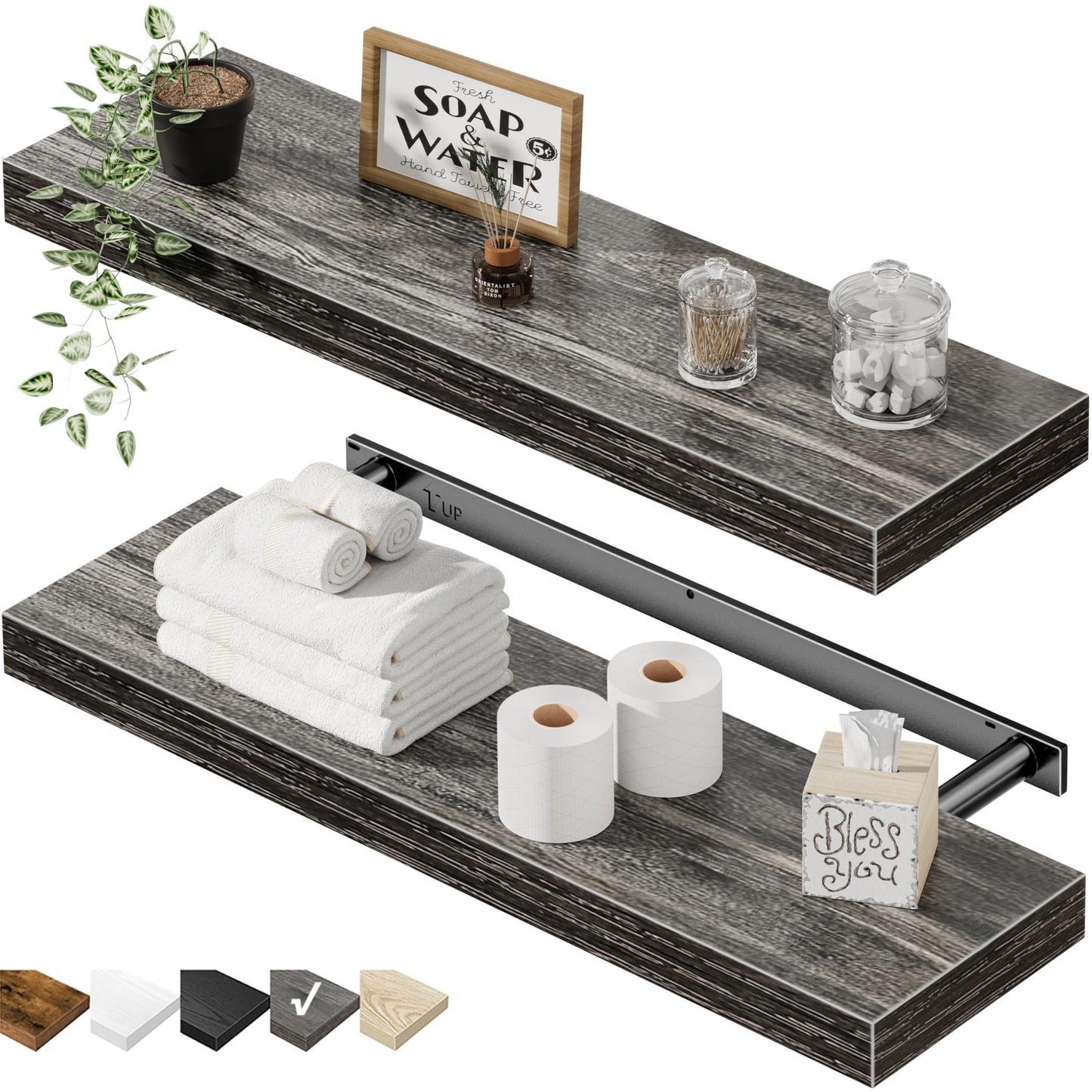 QEEIG Bathroom Floating Shelves for Wall - 15.7" Wall Mounted Shelf Over Toilet Farmhouse Home Decor Display Bookshelf Small 15.7 x 6.7 inch Set of 2, Rustic Brown (008-40BN)