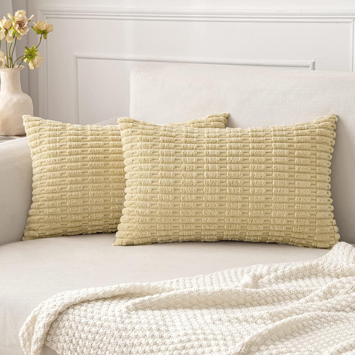 MIULEE Corduroy Decorative Throw Pillow Covers 18x18 Aqua Green Pack of 2 | Soft Boho Striped Pillow Covers Modern Farmhouse Home Decor For Sofa Living Room Couch Bed