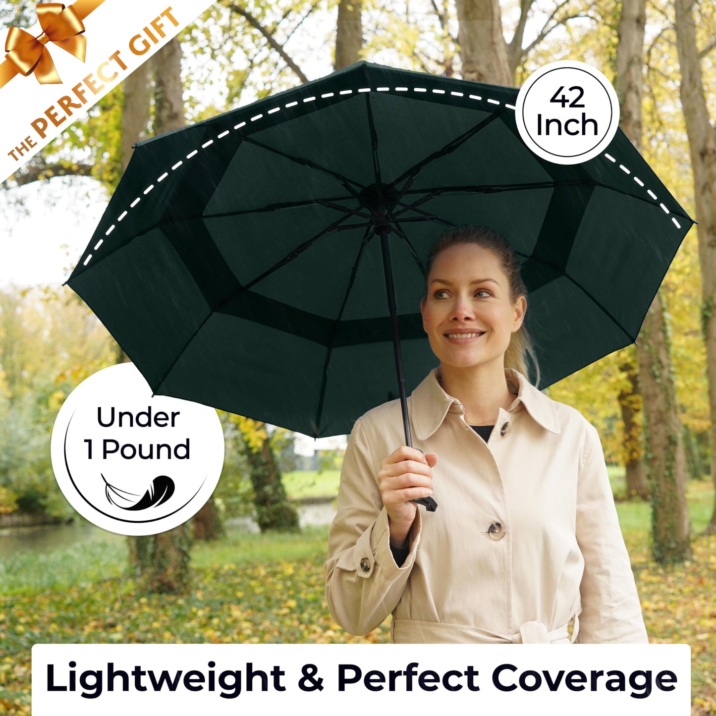Strongest Windproof Travel Umbrella (Compact, 100MPH Wind-Tested), Light, Portable, One-Handed Use, Automatic Folding Rain Umbrella, Durable, Premium Grip, Fits Car & Backpack