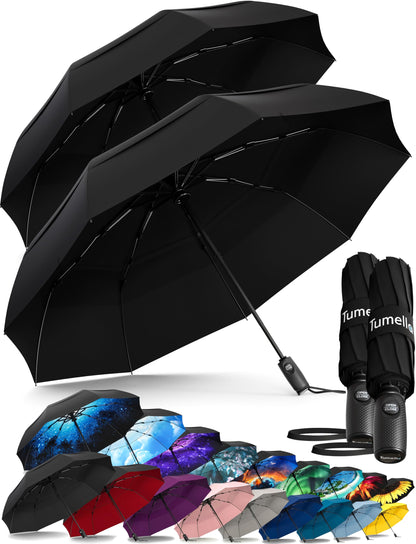 Strongest Windproof Travel Umbrella (Compact, 100MPH Wind-Tested), Light, Portable, One-Handed Use, Automatic Folding Rain Umbrella, Durable, Premium Grip, Fits Car & Backpack