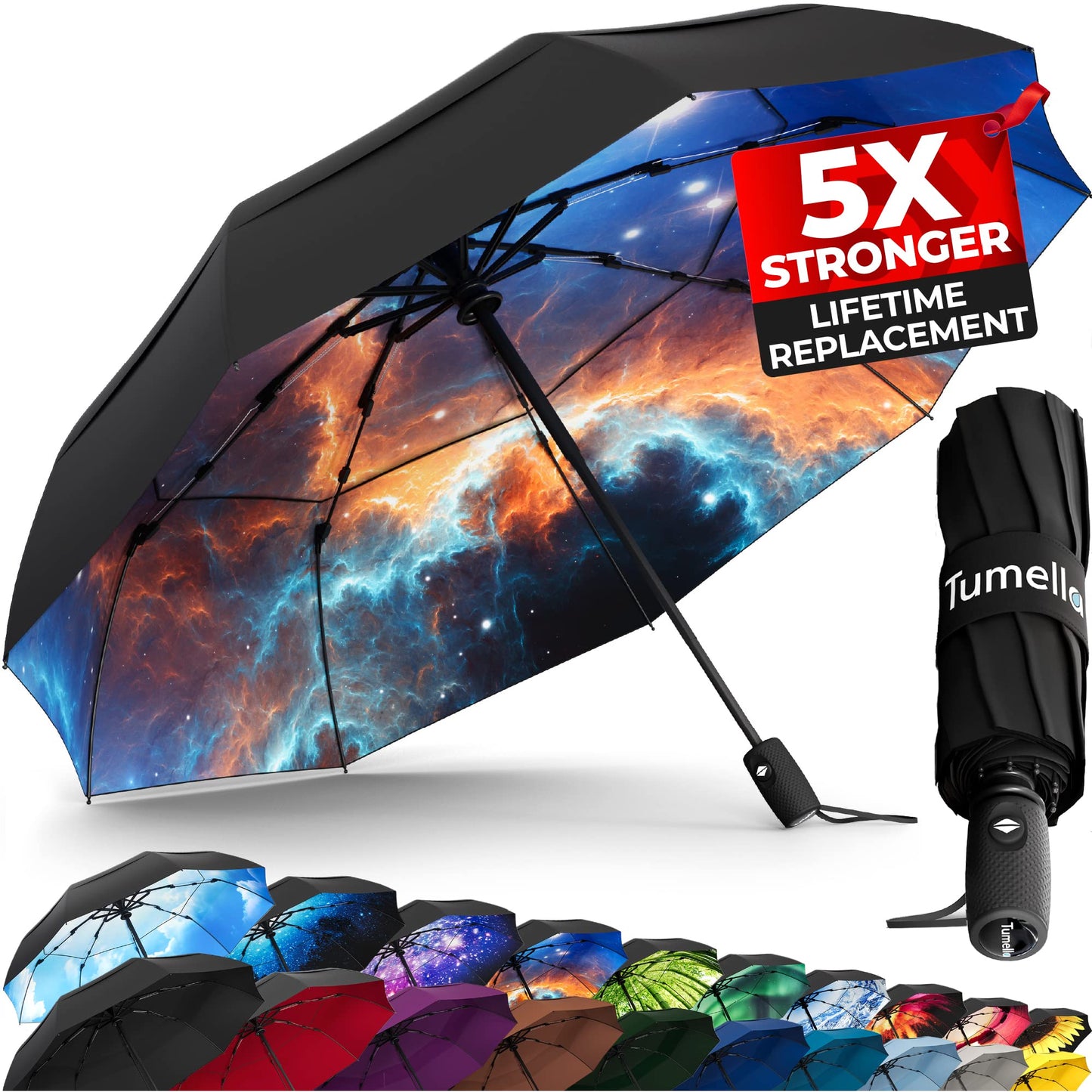 Strongest Windproof Travel Umbrella (Compact, 100MPH Wind-Tested), Light, Portable, One-Handed Use, Automatic Folding Rain Umbrella, Durable, Premium Grip, Fits Car & Backpack