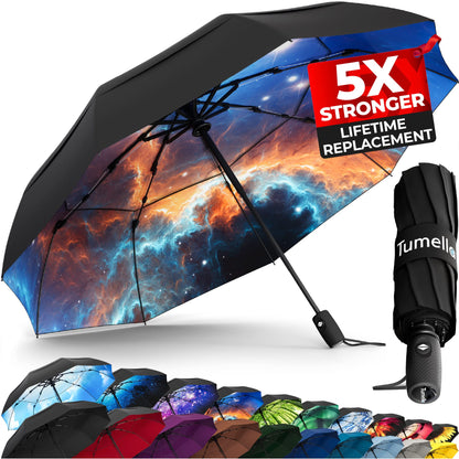 Strongest Windproof Travel Umbrella (Compact, 100MPH Wind-Tested), Light, Portable, One-Handed Use, Automatic Folding Rain Umbrella, Durable, Premium Grip, Fits Car & Backpack